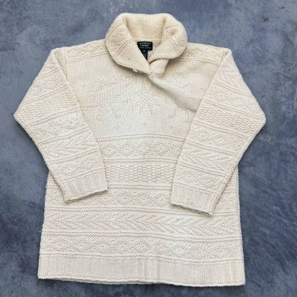 Lauren Ralph Lauren Hand Knit Wool Sweater Ivory Reindeer Shawl Collar Womens M